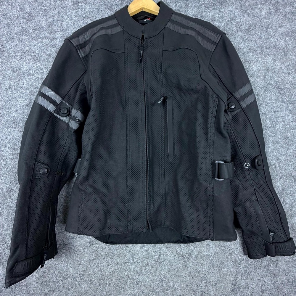 Vulcan Leather Perforated Motorcycle Jacket Mens Medium Black Full Zipper Riding